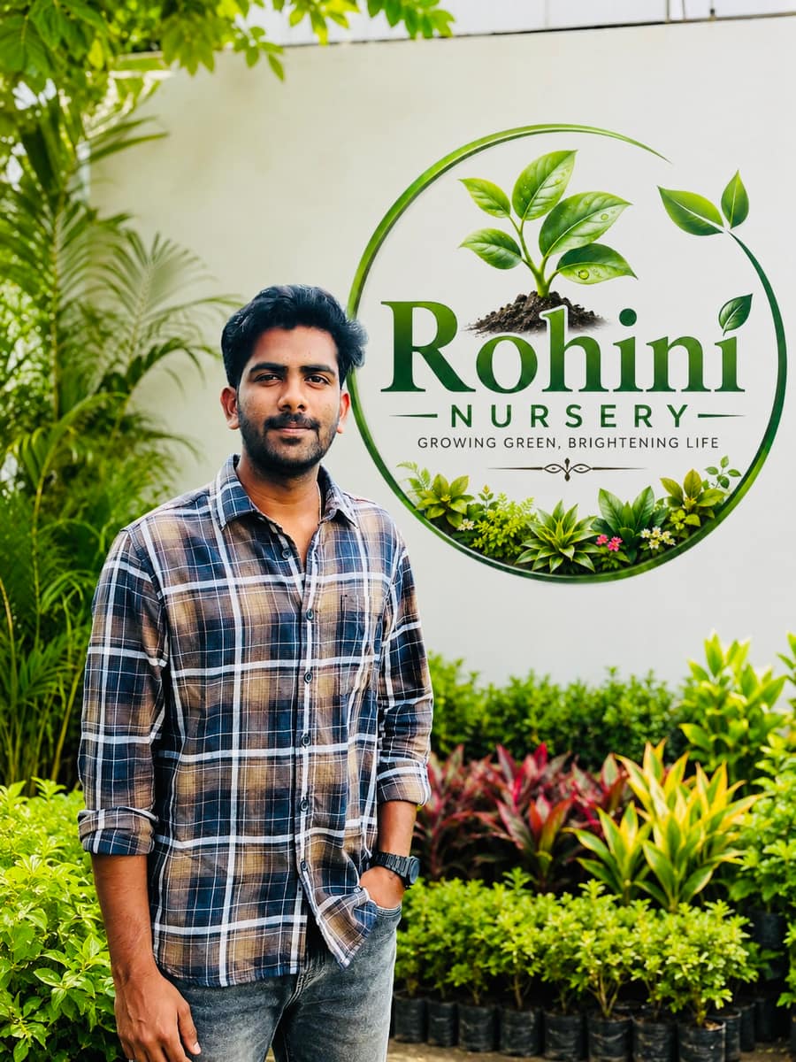 Rohini Nursery representative standing beside the nursery logo and plants