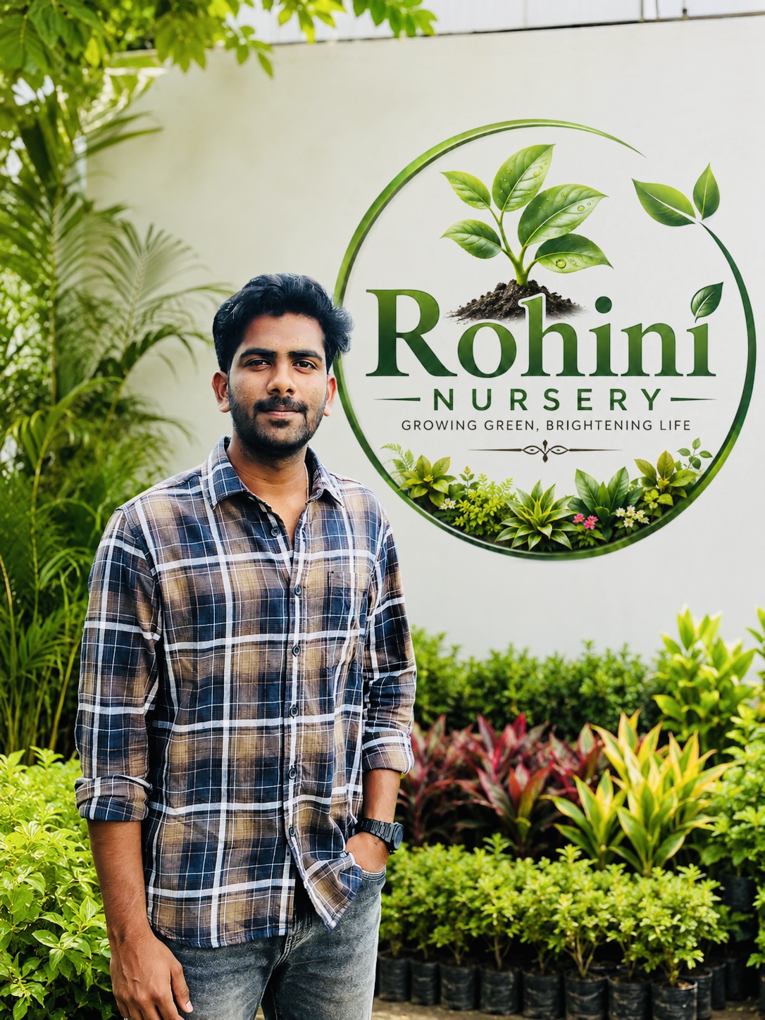 Rohini Nursery representative standing beside the nursery logo and plants